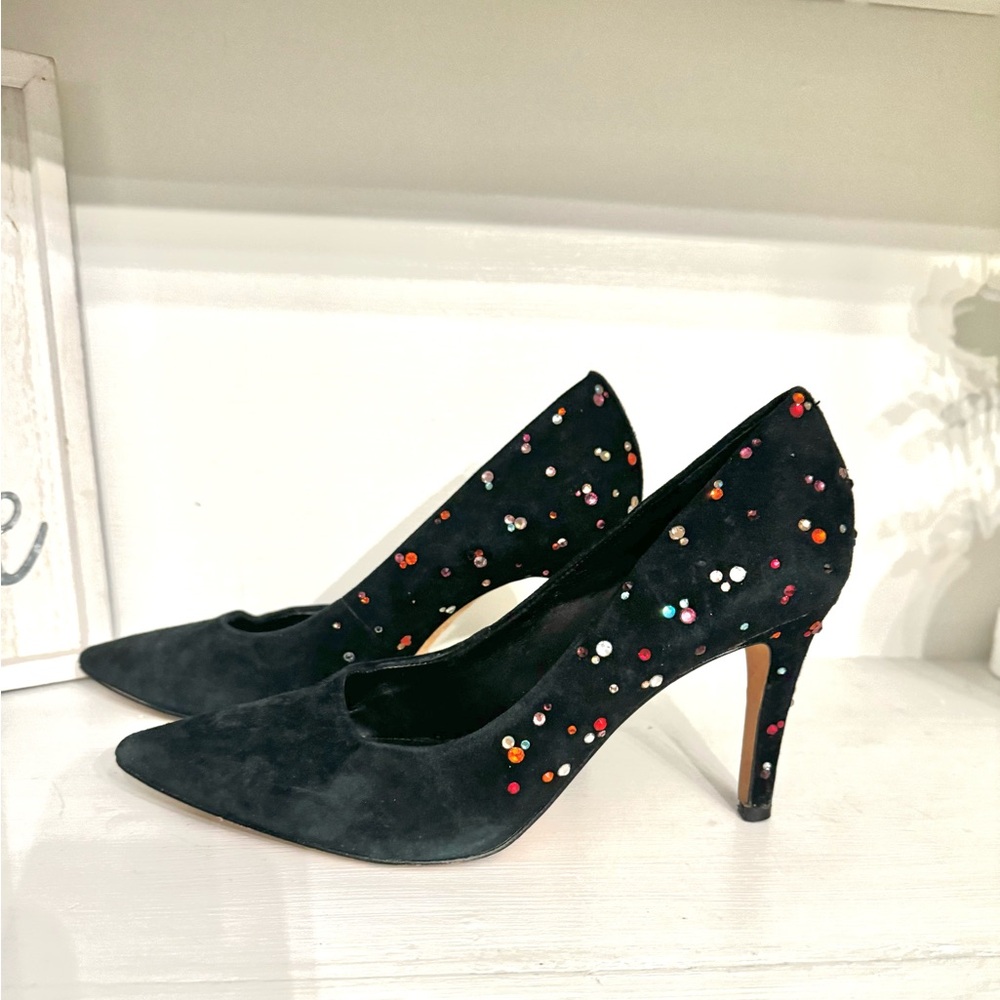 Dazzling ANTONIO MELANI "Moneka" Black Suede Heels Studded with Colorful Stones